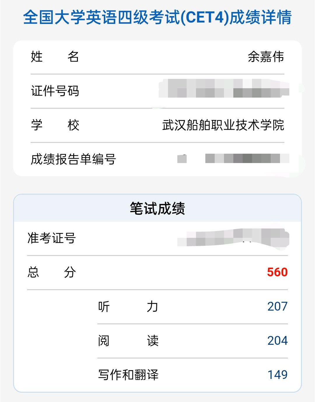 喜报计算机信息技术学院技能高考生余嘉伟同学英语六级取得536分好